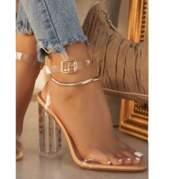 !! NEW !! Clear & Nude Ankle Strap Block Heels - Picture 1 of 3